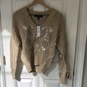 White House Black Market Embellished V-Neck Sweater with Sequins.  Small-coffee